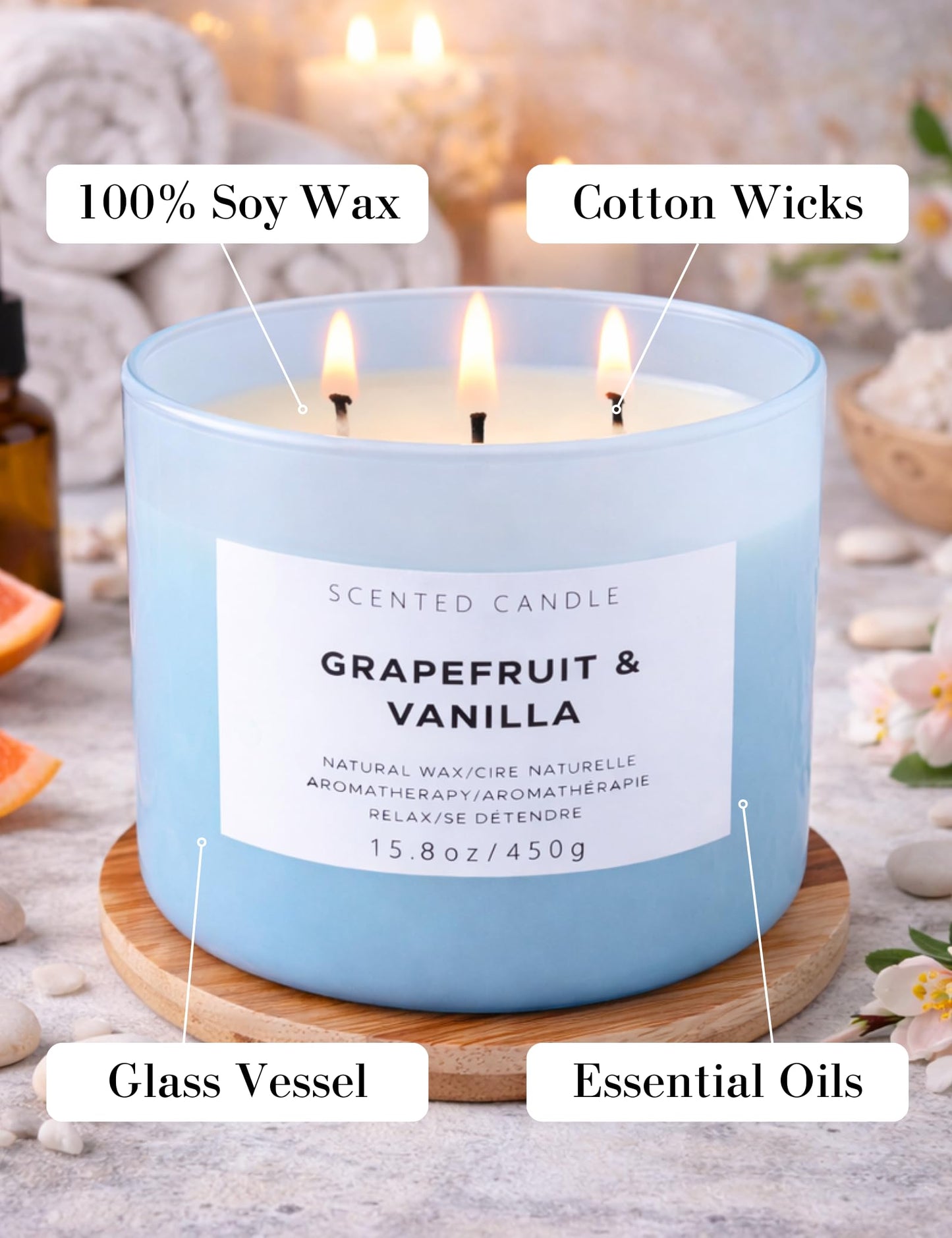 Grapefruit Vanilla 3-Wick Soy Candle | 15.8 oz Large Scented Candle for Home | Highly Scented Aromatherapy Candle for Women | Luxury Citrus Vanilla Candle Gift | Clean Burn Long Lasting