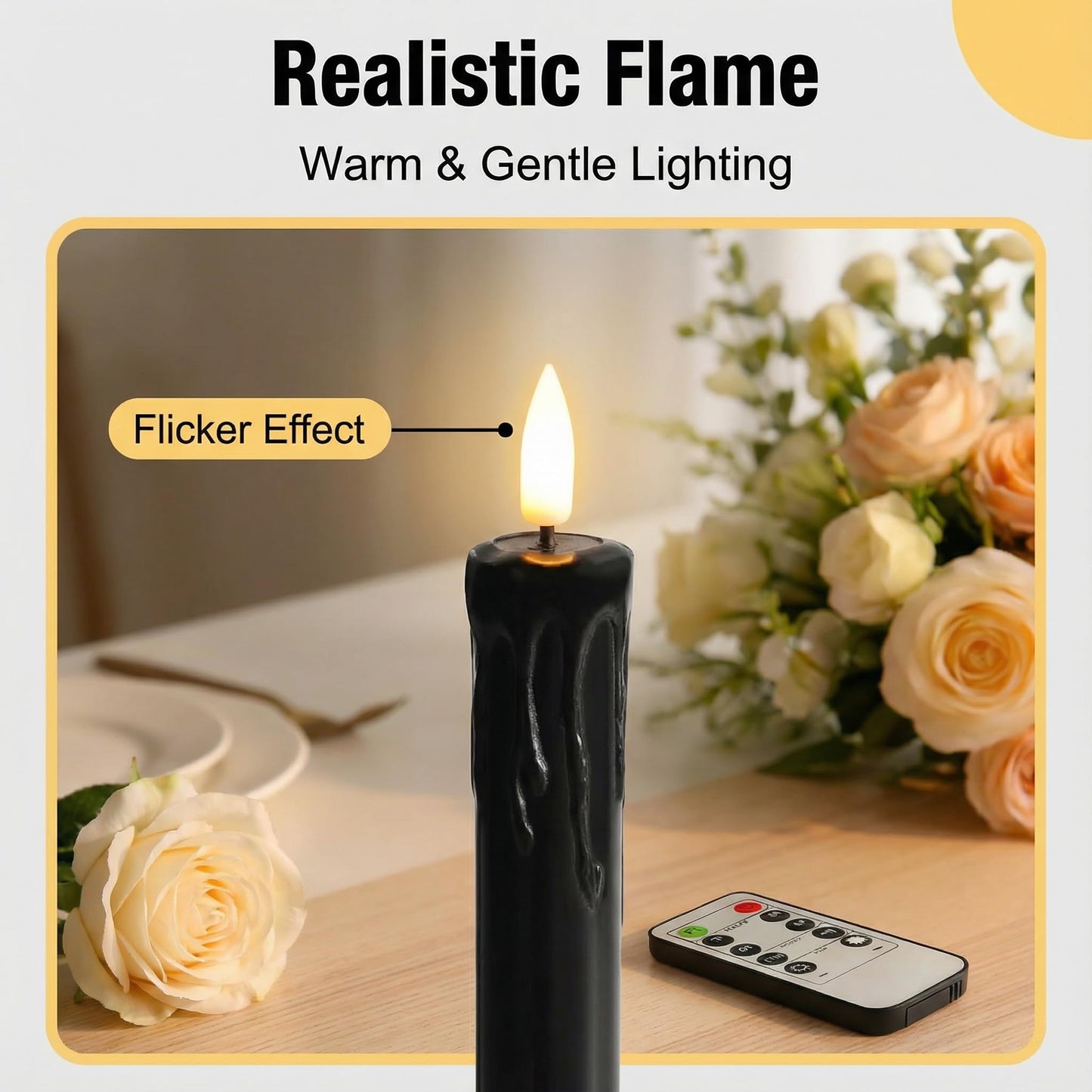 Eywamage Black Dripping Wax Flameless Taper Candles with Remote, Flickering LED Wax Candlesticks Battery Operated Set of 6