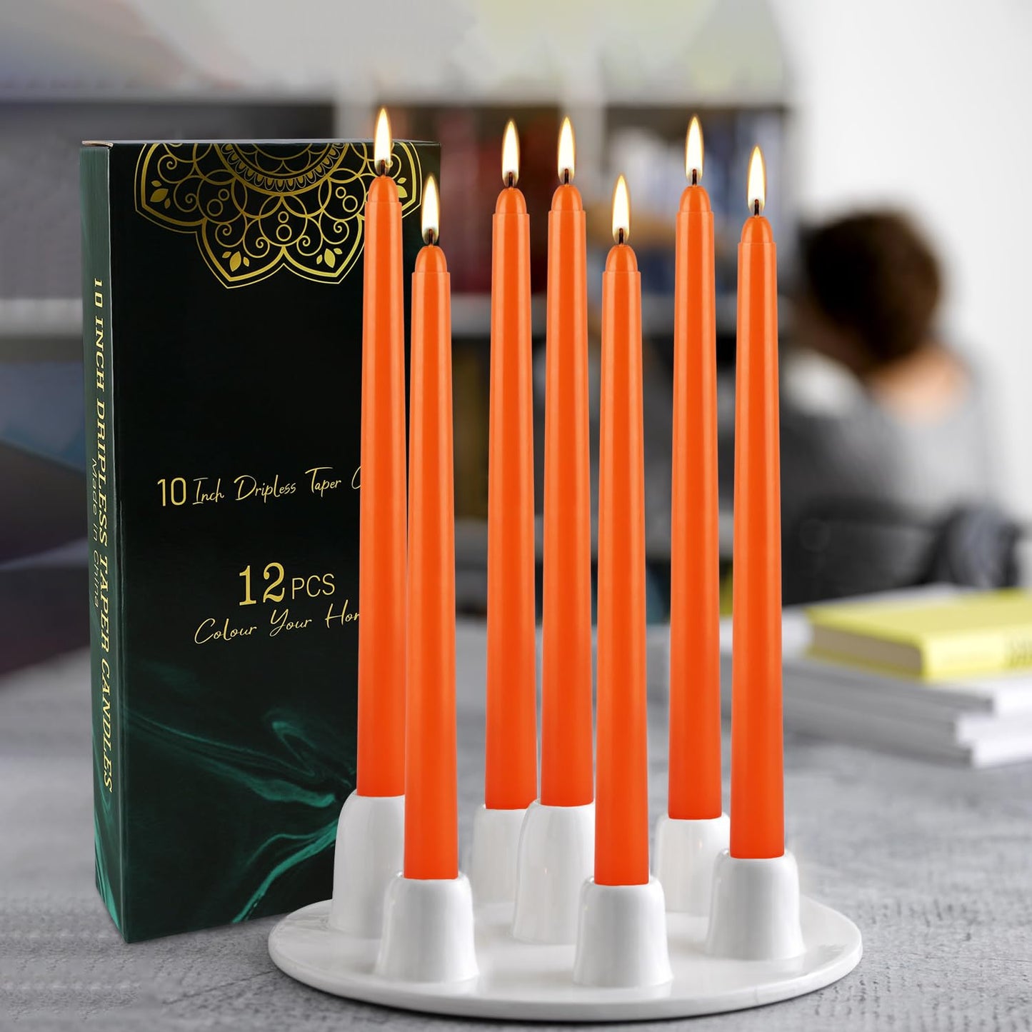 12-Pack 10-Inch Orange Taper Candles - Cotton Core, Clean Burning unscented, Drip-Free & Smokeless, Elegant Conical Design for Halloween, Weddings & Family Celebrations