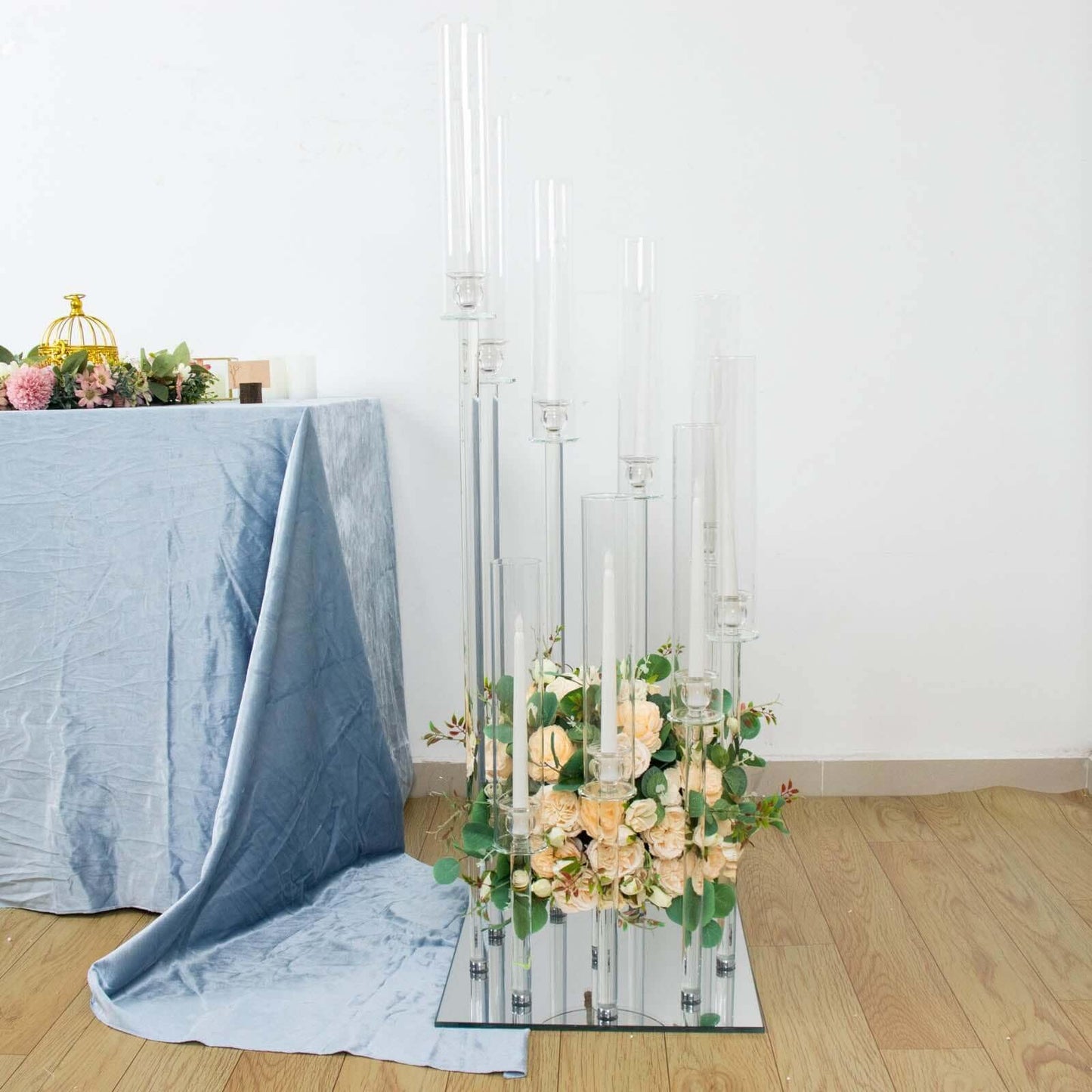 Efavormart 48" Crystal 9-Arm Cluster Glass Candelabra Floral Pedestal Stand, Square Hurricane Taper Candle Holder Stand
