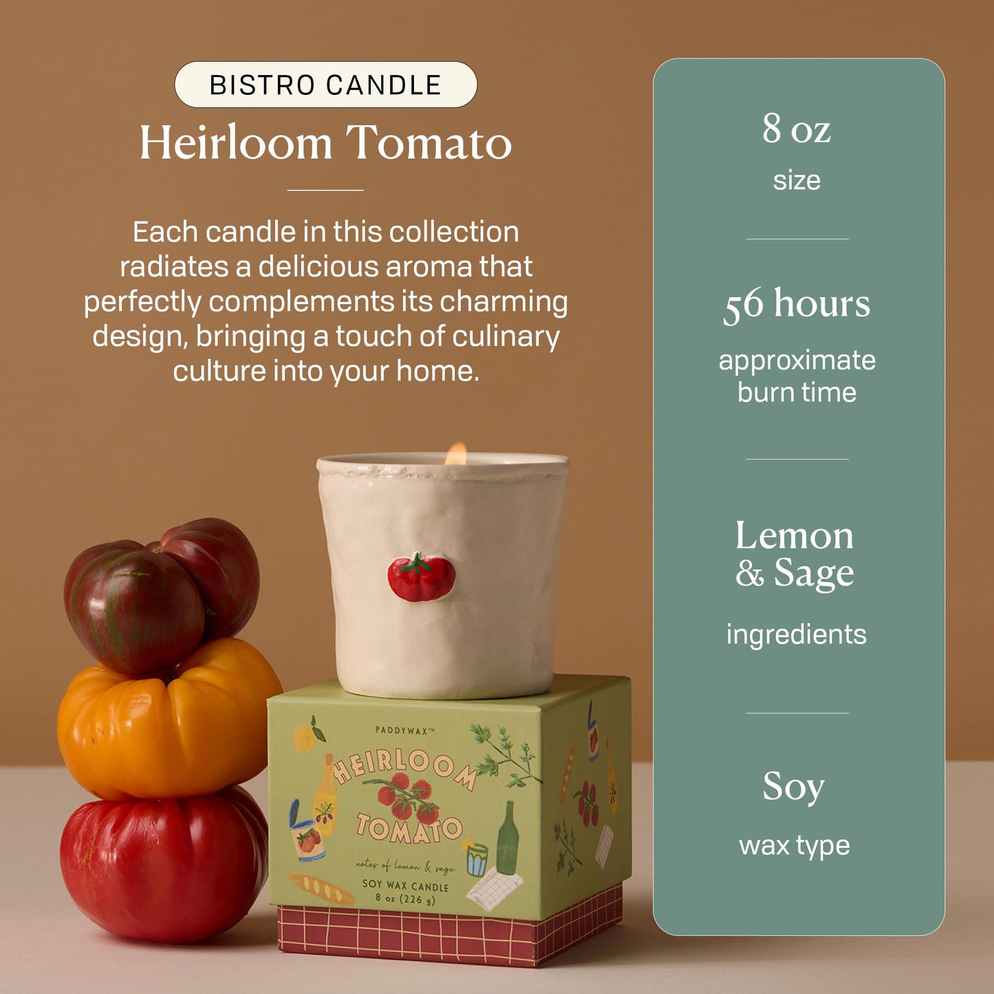 Paddywax Bistro Hand Painted Scented Candle in Ceramic Reusable Food-Safe Jar with Gift Box, Soy Candle with Approx. 56 Hour Burn Time, Heirloom Tomato, 8 oz