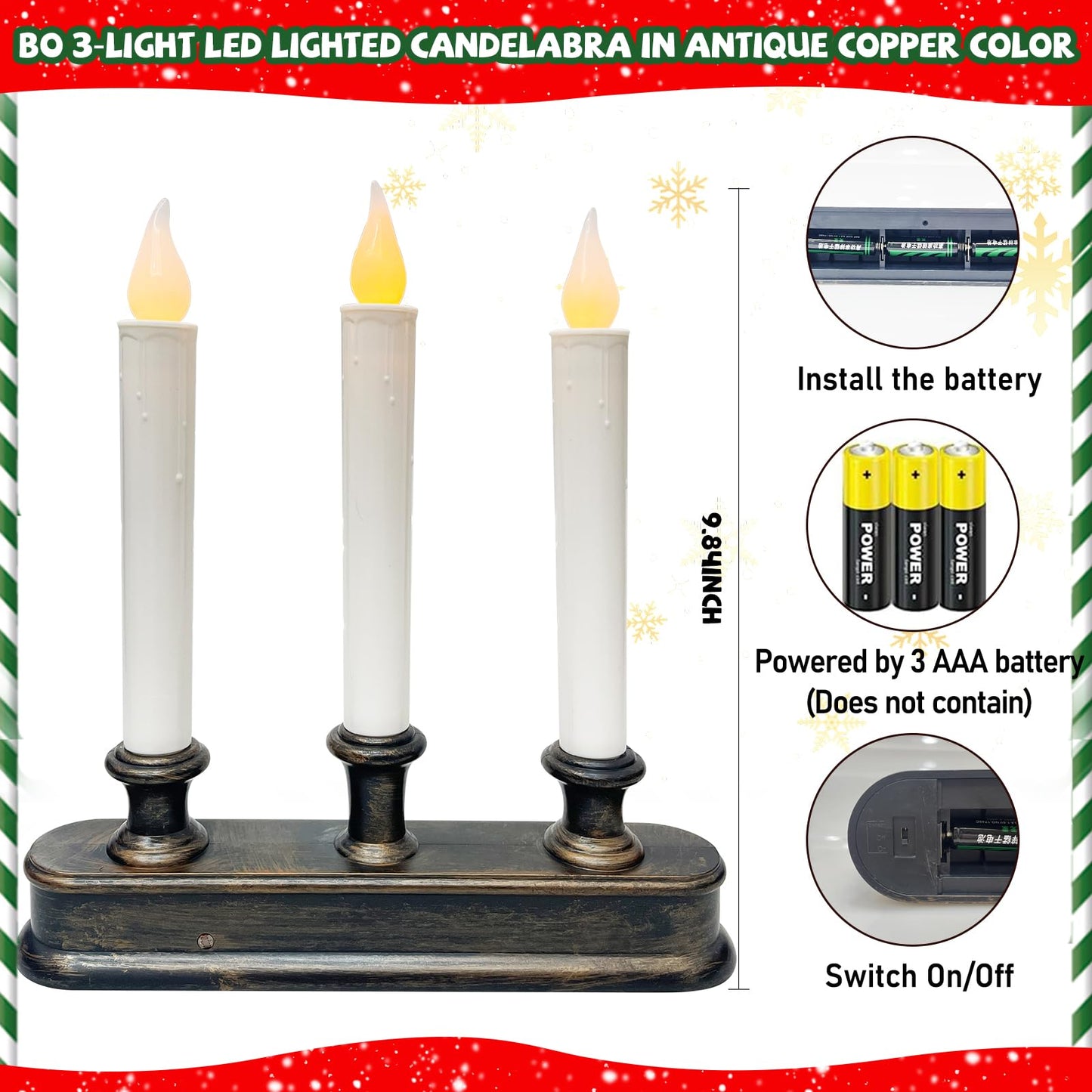 GOOTHY Battery-Operated LED Window Candles with Sensor Dusk to Dawn, 3 Lights Christmas Window Candles with Flickering Flameless LED Lights, 9'' Flameless Taper Candle for Table Home Christmas Decor