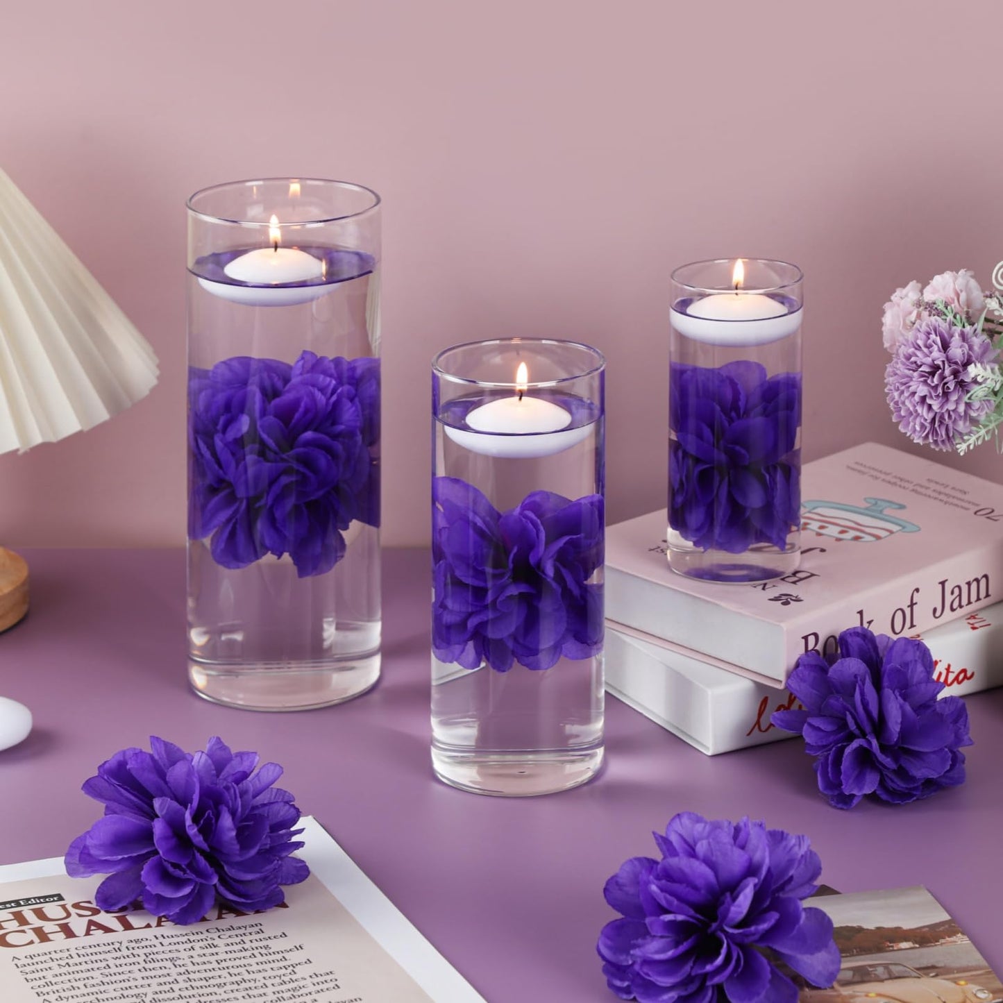 ZJGXH 24 Pcs Floating Candles for Centerpieces and Floating Flowers Vase Fillers for Centerpieces Artificial Purple Flowers for Wedding Table Party Home Decoration