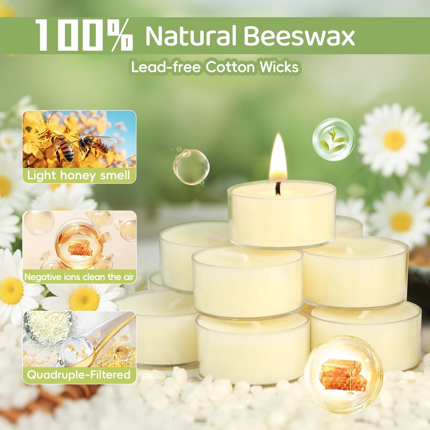 24Pcs White Beeswax Tea Light Candles-4 Hour Burn Time,100% Pure Natural Beeswax-Clean Burning & Air Purifying, Smokeless Bulk Tea Lights for Spa,Meditation,Wedding & Home Decor