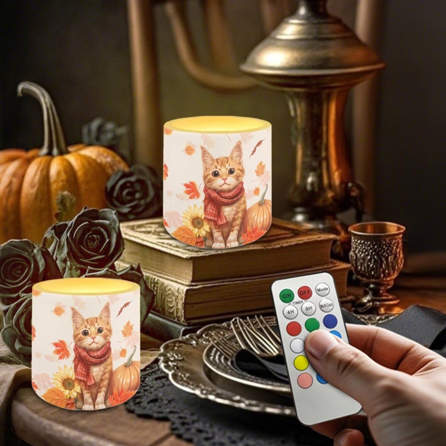 Cozeyat Autumn Cat Flameless Candles 4 Pack Battery Operated with Remote Control Timer LED Pillar Candles Waterproof for Indoor Outdoor Decor