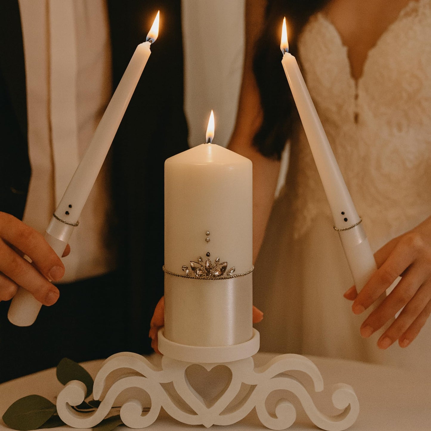Magik Life Unity Candle Set - Wedding Ceremony & Reception Candle – 6” Pillar & Two 10” Taper Candles – Long Burning Unity Candles for Marriage Ritual – Handmade in USA –White |Classic|Crown