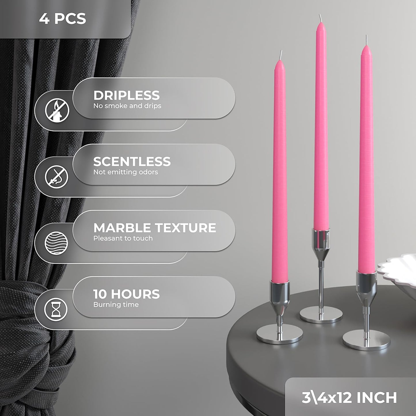 CANDWAX 12 inch Taper Candles Set of 4 - Dripless and Smokeless Candle Unscented - Slow Burning Candle Sticks - Pink Candles Taper