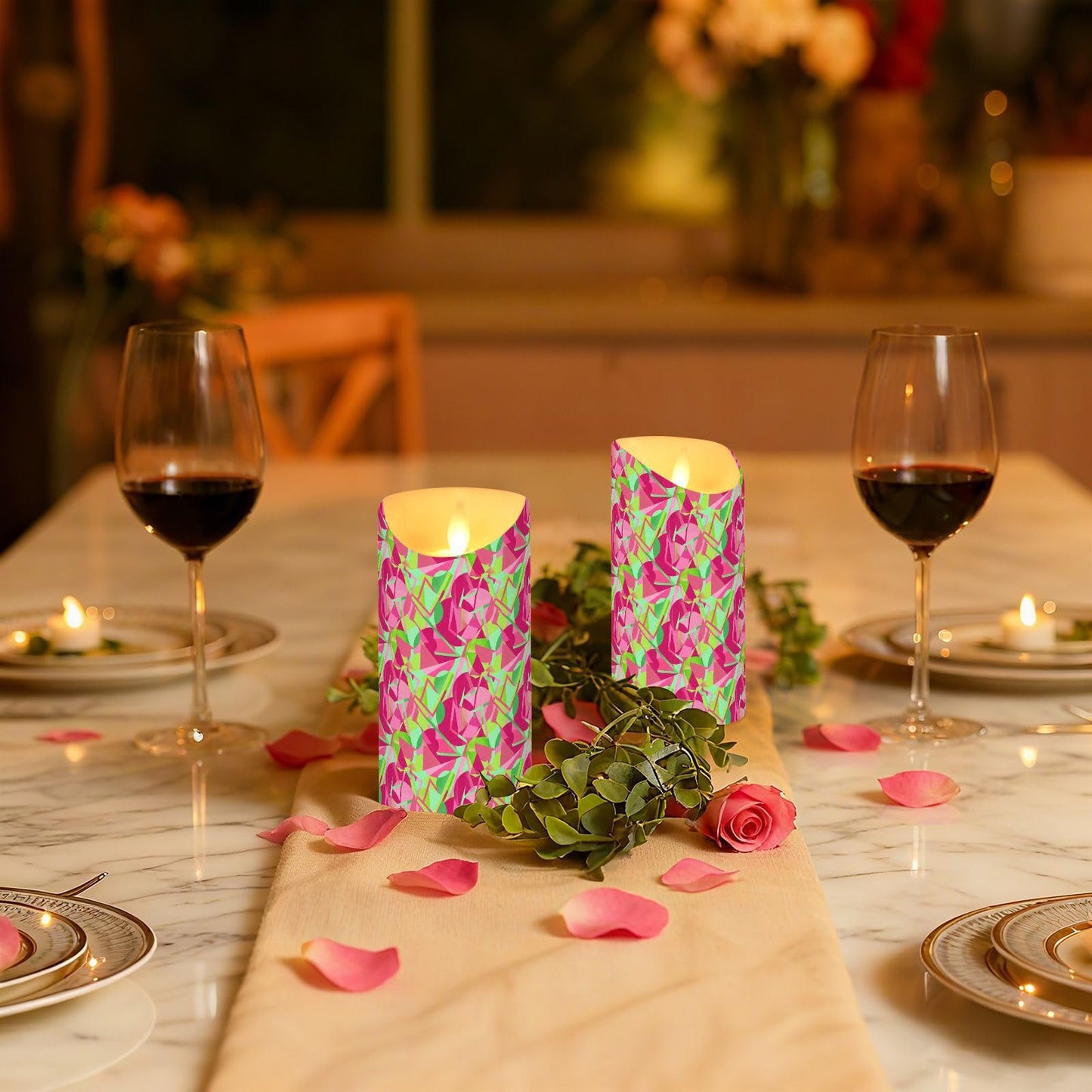 Yoogain Tabletop Flameless Candles Set of 2 Remote Timer Wax Fake Candles for Dining Table Modern Abstract Pattern