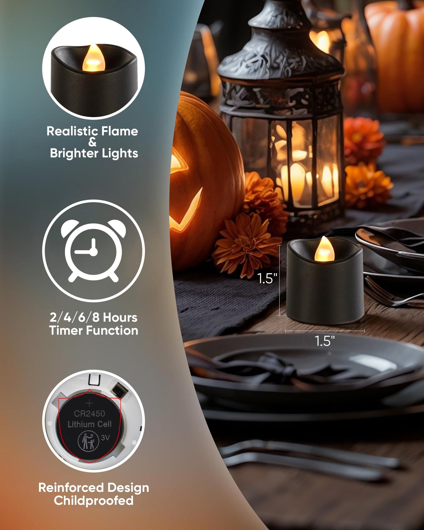 Homemory 12Pack 400+Hour Remote Control Flameless Candles, 2/4/6/8H Timer Led Votive Candles, Battery Operated Tea Lights for Wedding Table Centerpiece, Holidays, Halloween Pumpkins-Black Base
