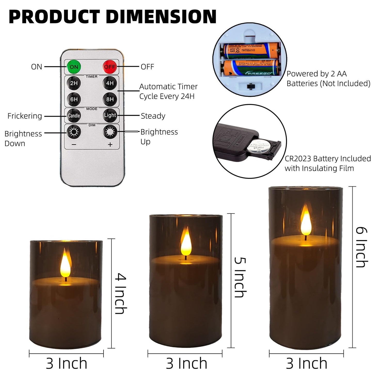 NICEME Gray Flickering Flameless Candles, Battery Operated Acrylic LED Pillar Candles with Remote Control and Timer Flameless Halloween Candles for Christmas New Year Home Decor, Set of 5