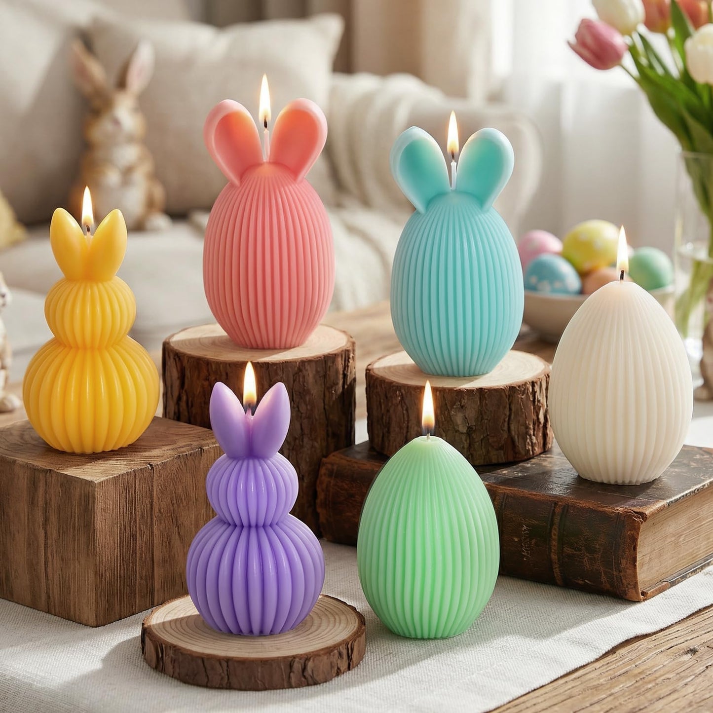 Lanpn 6 Pcs Easter Bunny & Egg Candles Gift Set, Mini Rabbit & Egg Shaped Votive Tea Lights, Easter Flower & Fruit Scented Candles, Spring Party Holiday Decor Home Table Centerpiece, Macaron Color