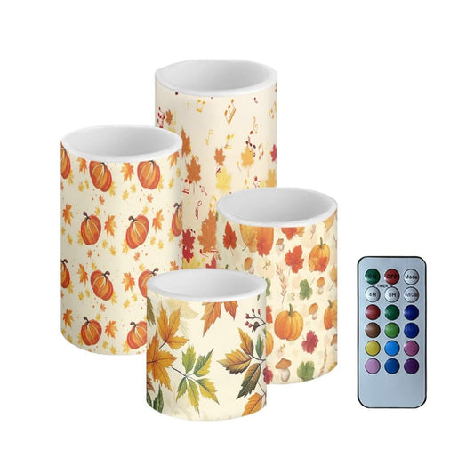 NETILGEN 4 Pcs Flameless LED Candles Fall Maple Leaf Pumpkins Print Electric Candles with Remote Timer Control Color Changing Long Lasting for Thanksgiving Day Decor