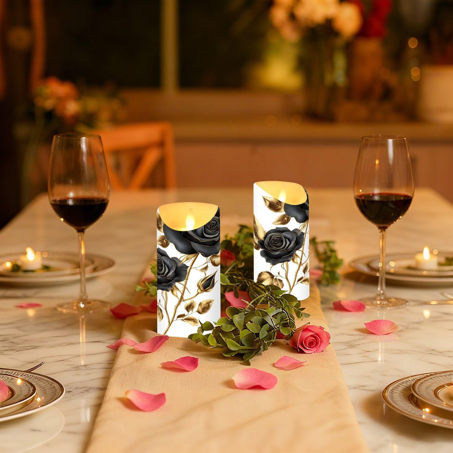 ALAZA Black Roses Gold Leaves Flickering Flameless Candles Battery Operated with Remote Timer,Tea Light Candles LED Pillar Votive Set of 2 for Outdoor Indoor Decorations 3" x5.9"
