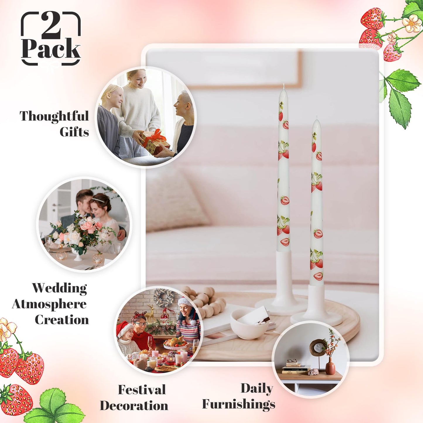 Taper Candles 10 Inch Print Candle Handmade Unscented Strawberry Long Candles 2 Pack Twisted Candlesticks for Wedding Home Decoration Gifts