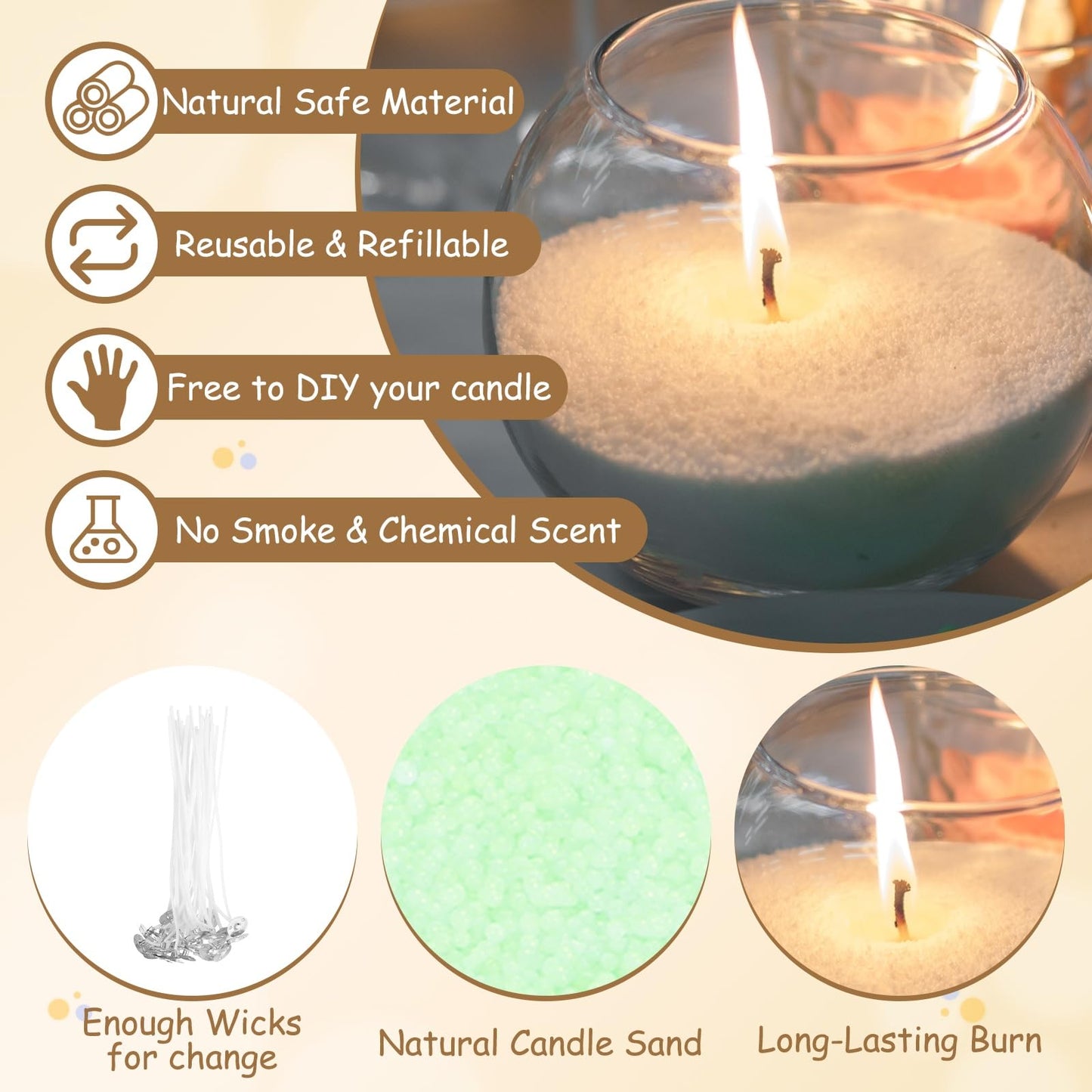 MECCANIXITY Pearled Sand Candles with 50 Pcs Wicks 21Oz / 600g Candle Beads Refillable Powder Sand Wax Making Kit for Thanksgiving Christmas Wedding Party DIY Home Crafts, Light Green