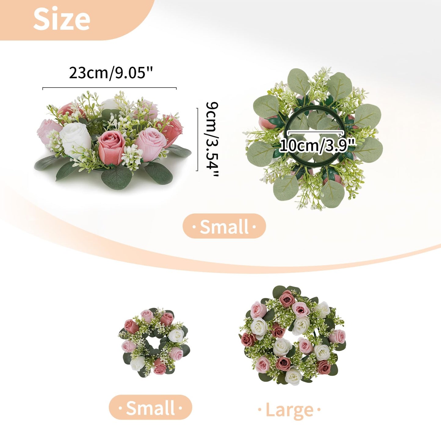 NUPTIO Small Flower Rings for Centerpieces: 9.05 Inch Dusty Rose & White Candle Rose Wreath for Wedding Party Christmas Decorations - Spring Summer Front Door Porch Decor 6 Pcs