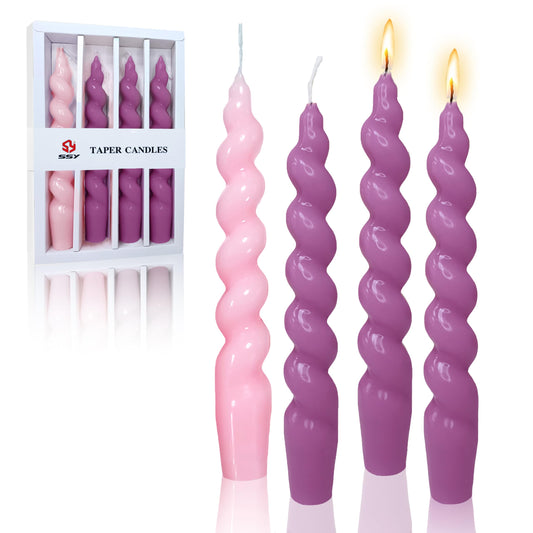 7.5 Inches Pink Purple Advent Spiral Taper Candles Colorful Twisted Candle Dripless Long Candles, Handmade Candlesticks for Holidays Church Devotional Celebration Party Decor, Set of 4