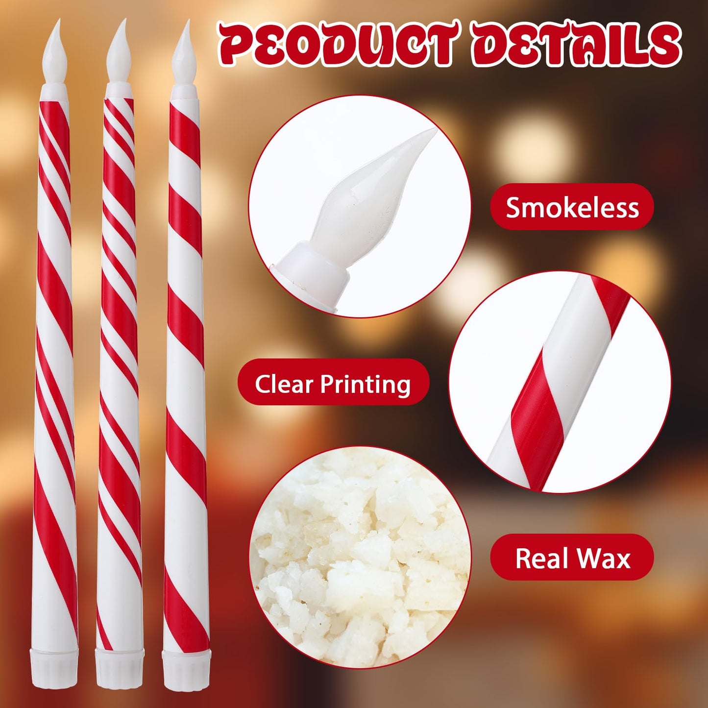 Kittmip 6 Pcs Christmas Flameless Taper Candles 11 Inch Long Candy Cane White Red Battery Operated LED Candles Table Centerpiece for Xmas Winter Holiday Party Decor