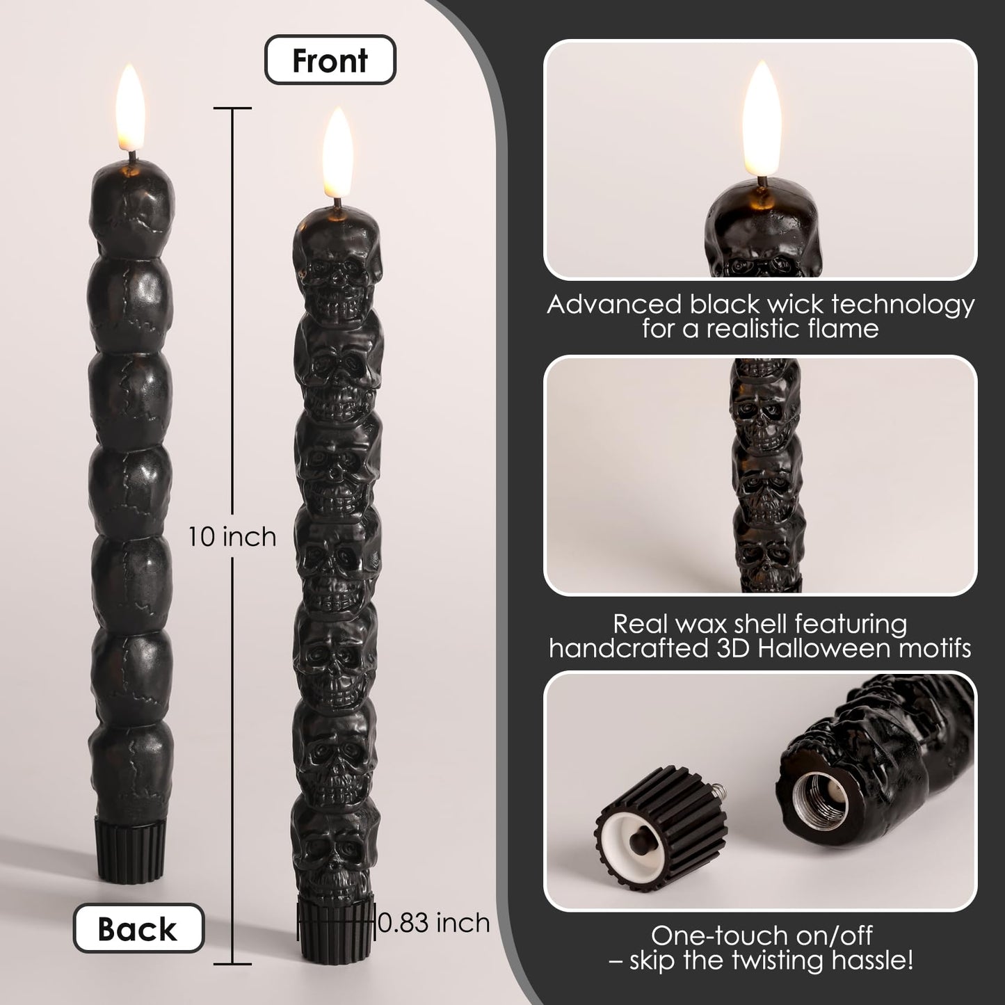 Girimax Black Skull Halloween Flameless Taper Candles with Remote, Flickering Spooky LED Wax Candlesticks Battery Operated, Set of 4