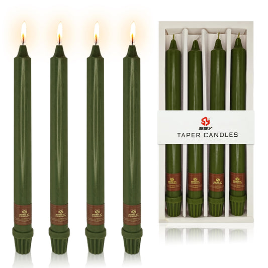 Olive Green Taper Candle 10 Inch Long Candlesticks Unscented Dripless Tapered Candle Set for Home Decor Wedding Party Dinner Candles, 4 Pack