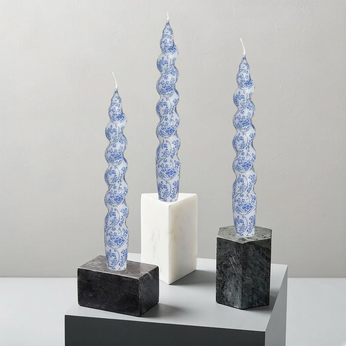 Print Taper Candles Dripless Candlesticks - 2 Pack Handmade Blue Flower Candle Long Spiral Candle Sticks - 7.5 inches Tapered Candles for Home Party Wedding Restaurant Holiday Decor