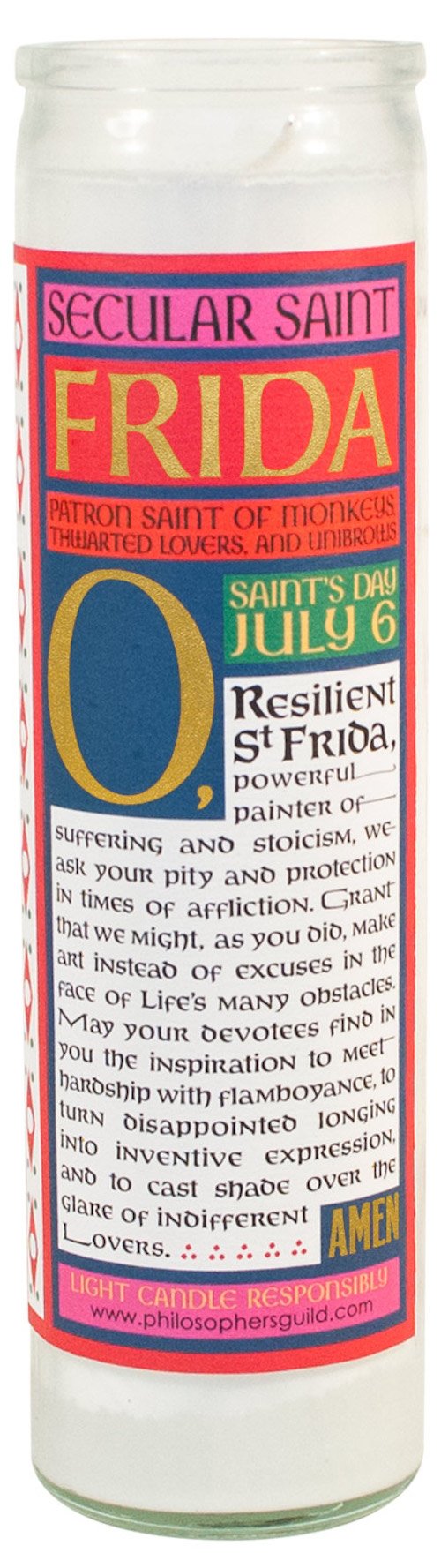 The Unemployed Philosophers Guild Frida Kahlo Secular Saint Candle - Unscented 8 Inch Tall Glass Prayer Votive, Made in The USA