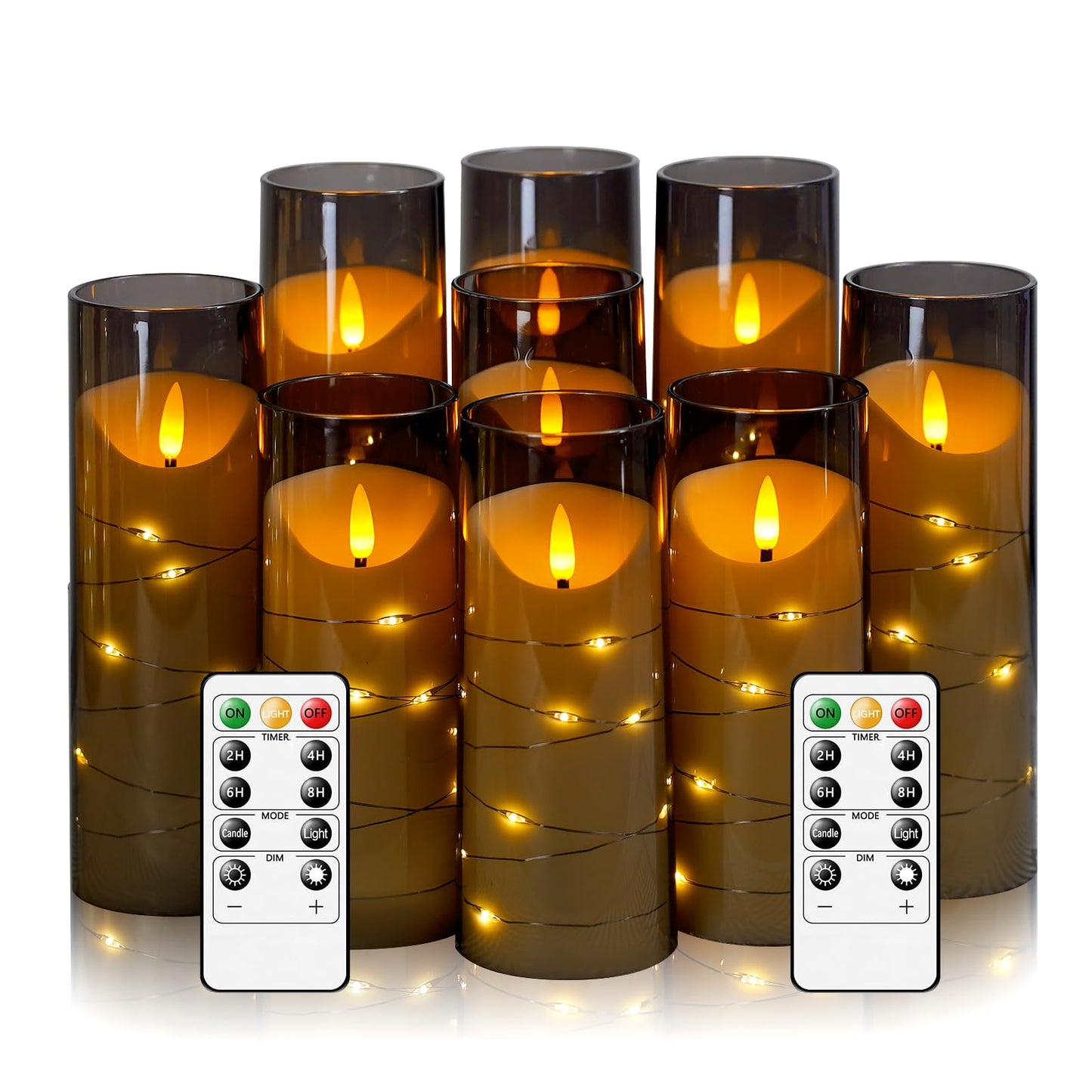 Eebuss Flameless Candles with Embedded Star String, Battery Operated LED Pillar Candles with Timer and Remote Control,Home Decorating for Ambiance， Set of 9(Grey)