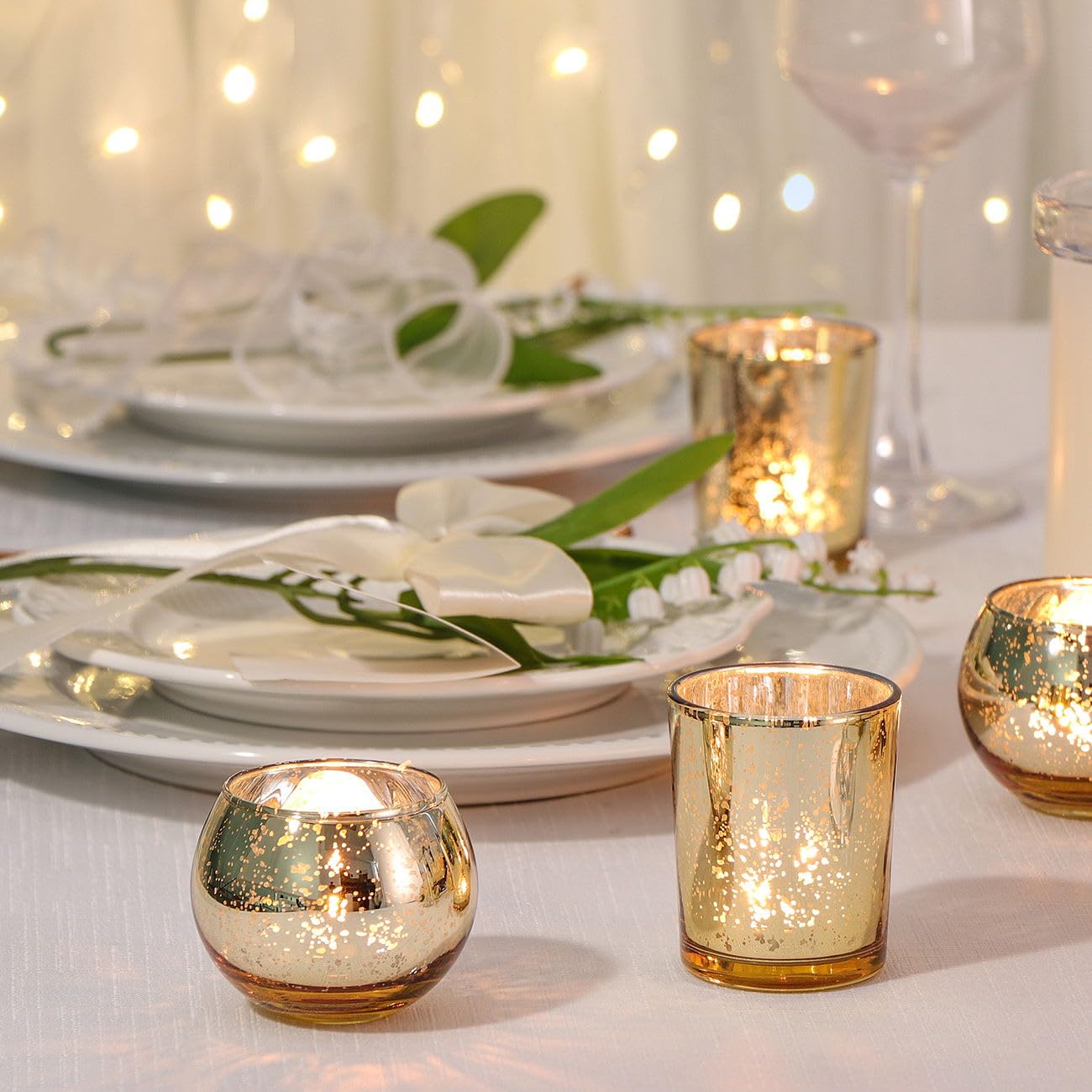 DEVI 48PCS Assorted Gold Votive Candle Holders Bluk, Gold Wedding Decorations, Mercury Glass Candle Holder for Tea Lights, Christmas Party Diwali Centerpieces for Table, Wedding Party Supplies