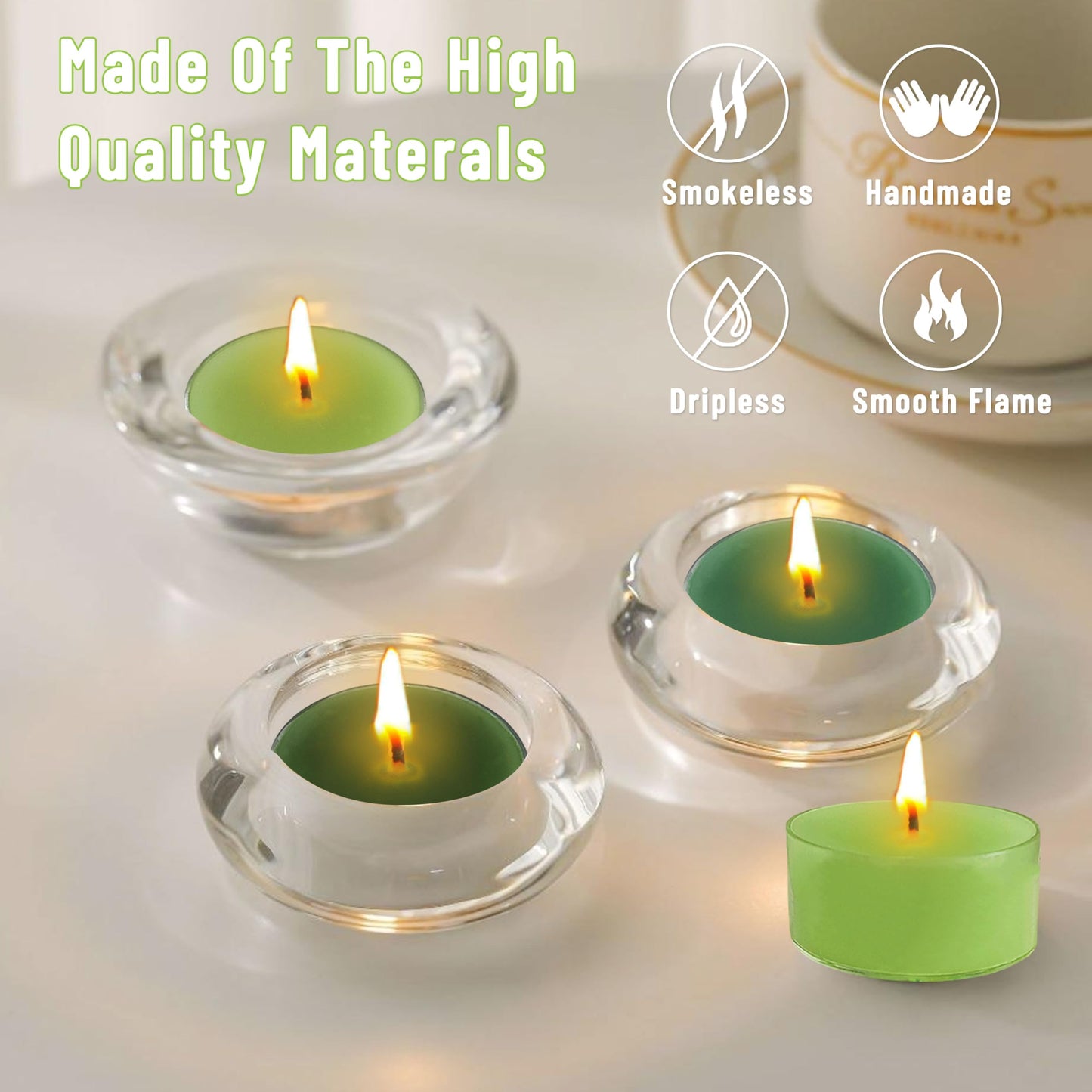 Scented Tea Light Candles 12 Pack Gradient Green Hand Poured Smokeless Small Round Candles in Clear Cups for Romantic Dinners Wedding Centerpieces Cozy Evenings