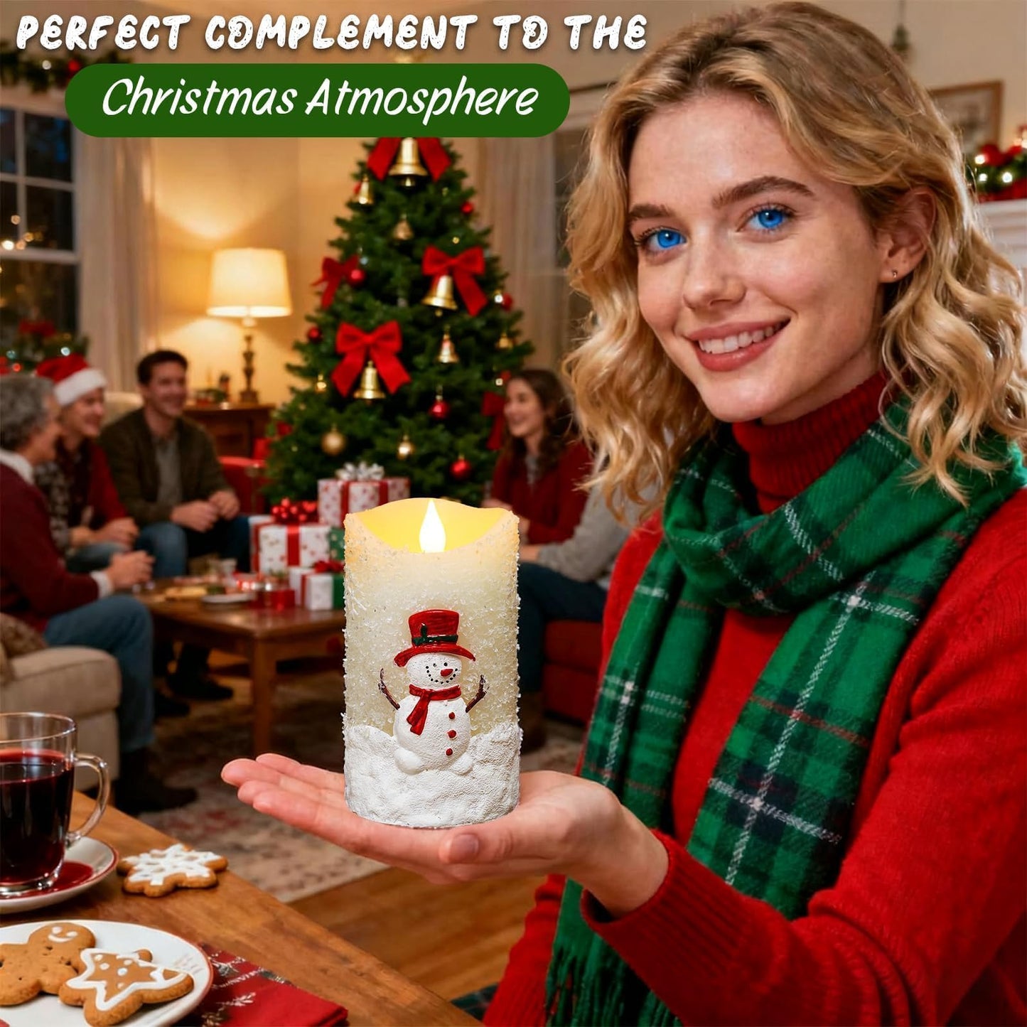 LCZLUMIPRO Snowman Flameless Candles with Remote & Timer - 3 Pcs Winter Battery Operated LED Pillar Candles, Real Wax Electric Candles in Warm White for Christmas Table, Mantel & Home Decor