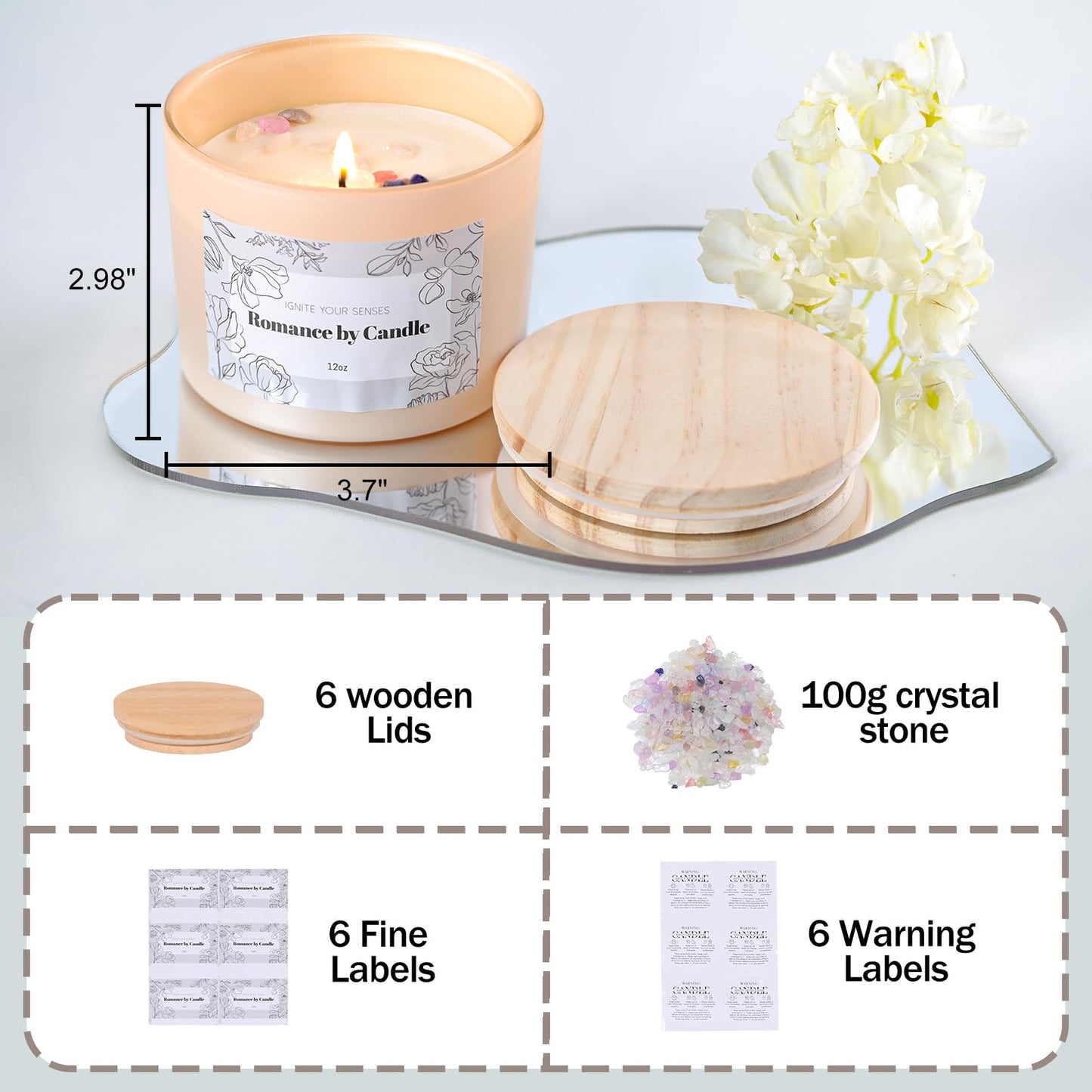6Pcs Assorted Camel Candle Jars for Making Candles, 12oz Empty Candle Jars with Bamboo Lids,Labels and 100g Crystal Rocks, Glass Jars for Candle Making Supplies, Candle Containers for DIY Gifts