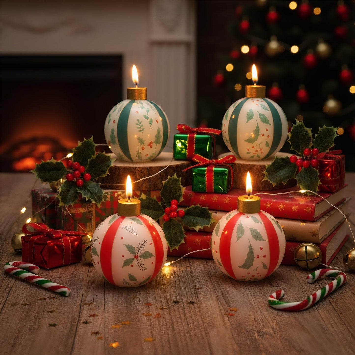 Lounsweer 4 Pcs Rustic Holly Berries Ball Candles Christmas, Round Ball Ornament Candles 3 Inch Unscented Decorative Sphere Candle for Weddings Christmas Home Decoration Gifts