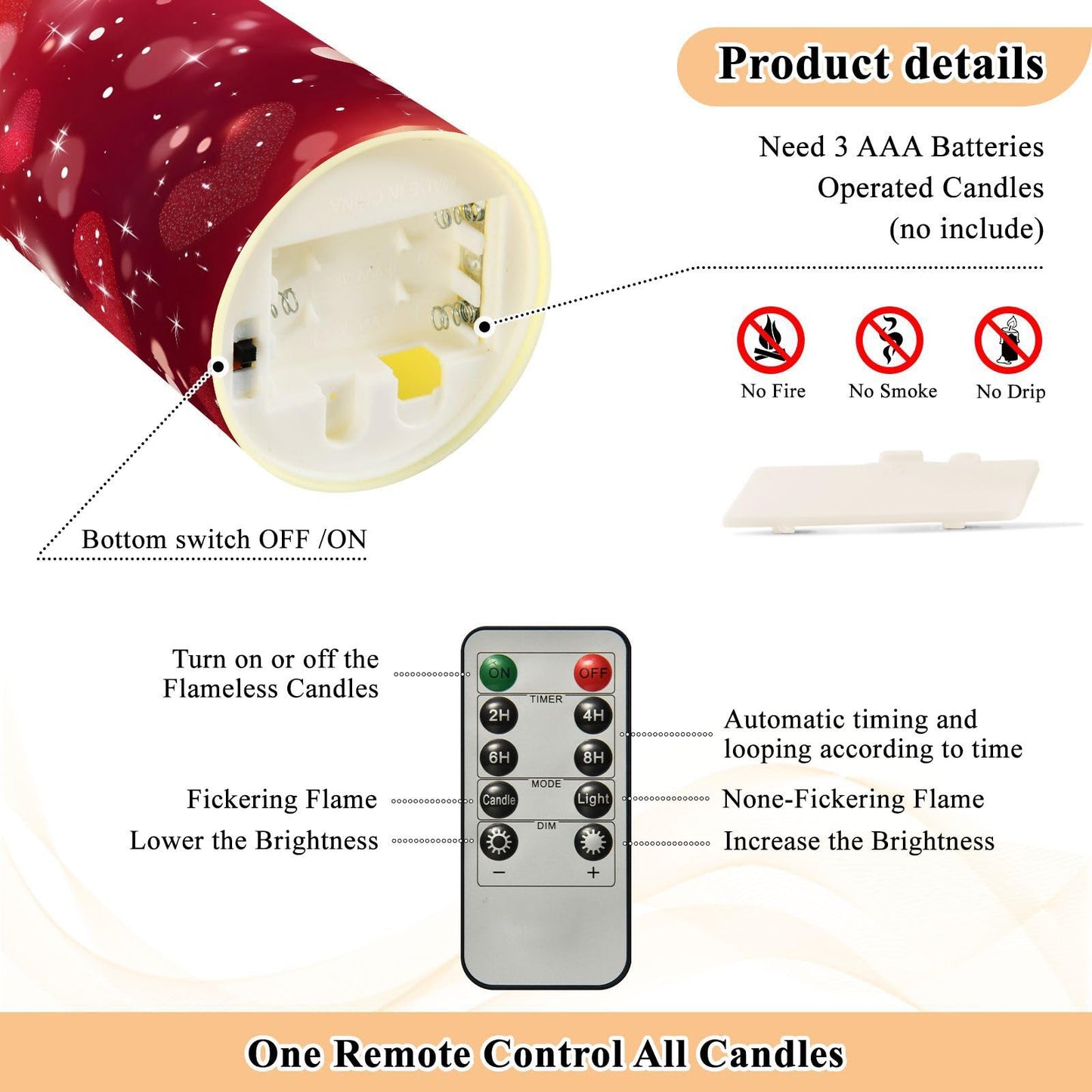 Valentines Flameless Candles Set of 2 Red Hearts Pattern Realistic LED Candles with Remote Battery Operated Holiday Decorations