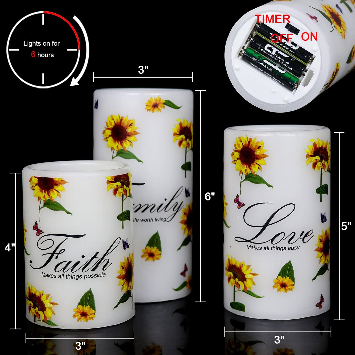 DRomance Sunflower Flameless Flickering Candles with 6H Timer, Set of 3 Battery Operated White Real Wax LED Pillar Candles Party Dinner Wedding Spring Decor(3 x 4,5,6 Inches)