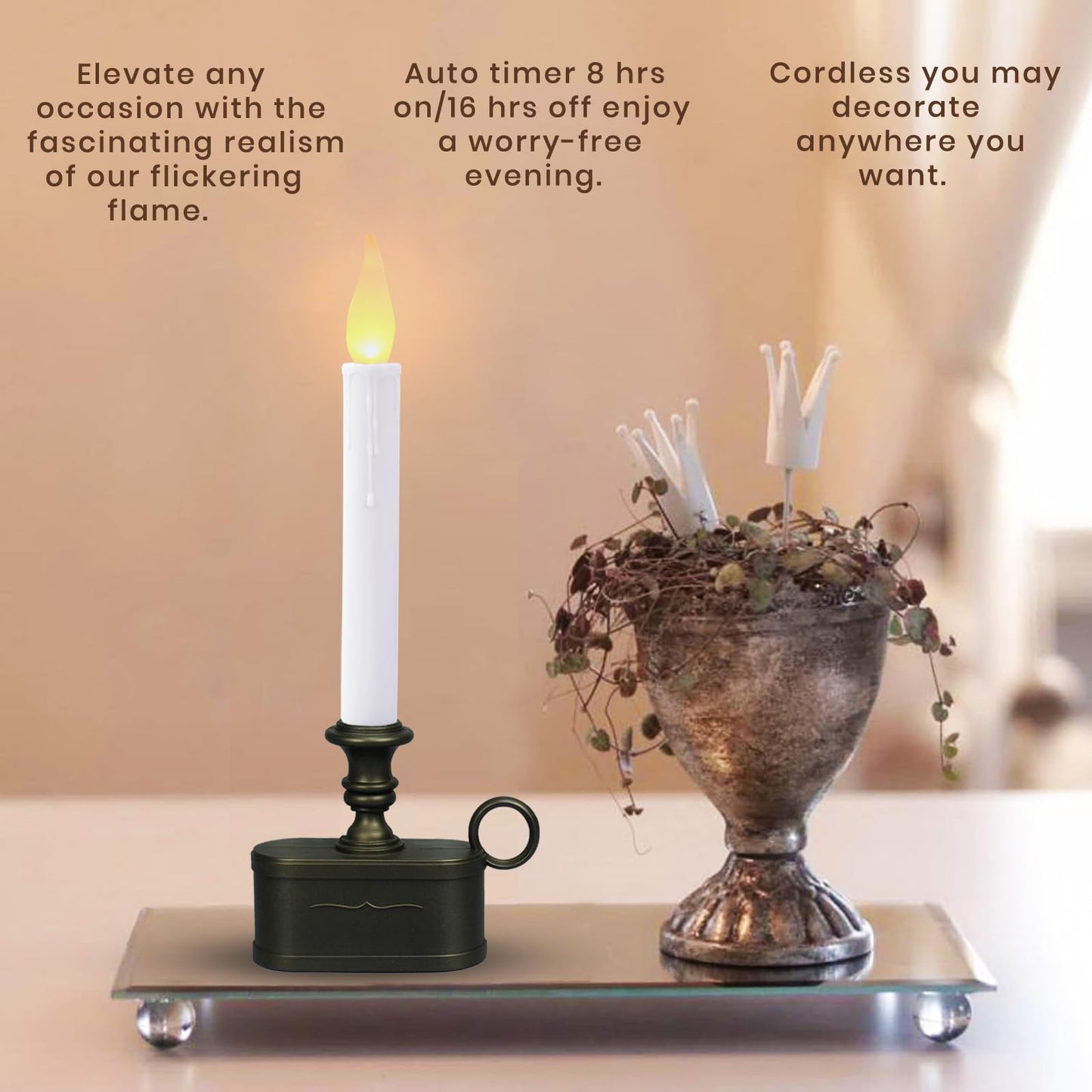 LitTerra Window Candles Battery Operated with Timer 8 Hours on and 16 Hours of Led Warm White with Flicker Flame (Vintage Base)