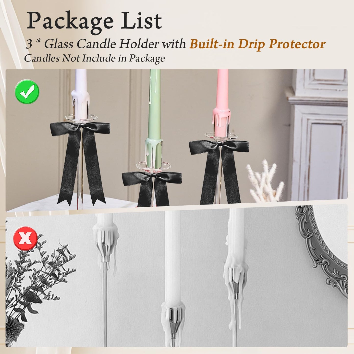CHILL RECIPE Bow Candle Holder Glass Taper Candlestick Holders with Built-in Candle Drip Protectors Bows Decor for Table Centerpiece Wedding Party Halloween(Black)