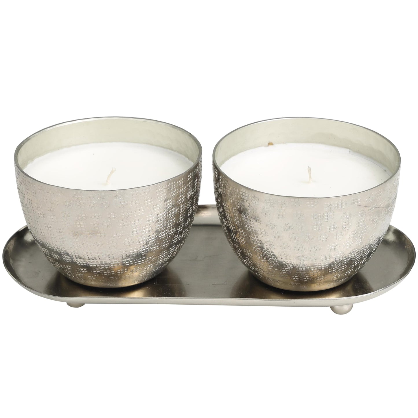 Deco 79 Metal Decorative Candle Campfire Scented Grid Patterned 10 oz 1 Wick Aromatherapy Candle with White Wax, Set of 2 Wax Aromatherapy Candle 10" W, 4" H, Silver