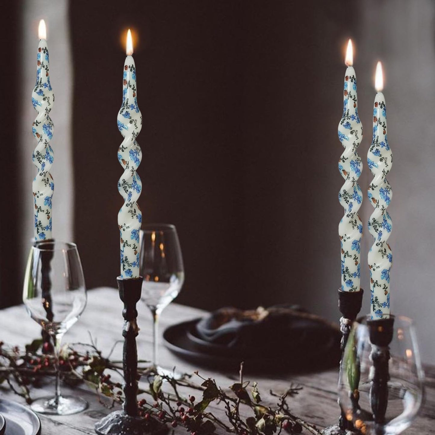Floral Taper Candle Forget-Me-Not Unscented Spiral Candlesticks Printed Handmade Candles 10 Inch Long Twisted Candle for Home Decor Wedding Holiday Gifts - Set of 4