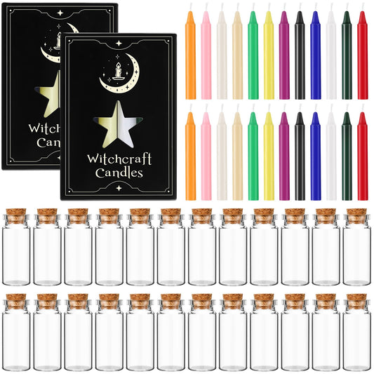 Baderke 48 Pack Assorted Color Spell Candles Set, 24 Pieces Mini Unscented Taper Candles for Rituals, Birthdays and 24 Pieces 10ml Glass Bottles Cork Stoppers Spell Bottle