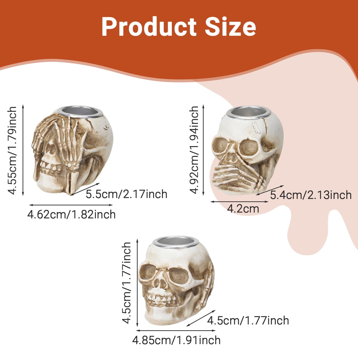 Halloween Skull Candle Holder, Skeleton Head Candlestick Holders Table Decor Centerpiece Candlesticks, Resin Horrible Spooky Creepy Crafts for Flameless Candle Halloween Christmas Home Party, Set of 3
