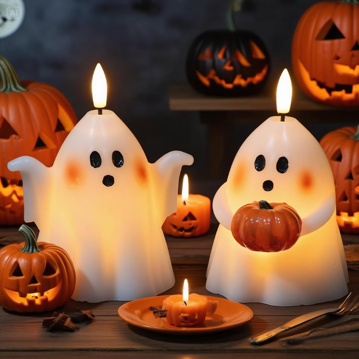 Eldnacele Spooky Ghost Halloween Flameless Candles with Timer Set of 2 Battery Operated LED Pillar Candles Ghost Light Real Wax 3D Wick Flickering Long Lasting Home Indoor Decor(3.5" D x5 H)