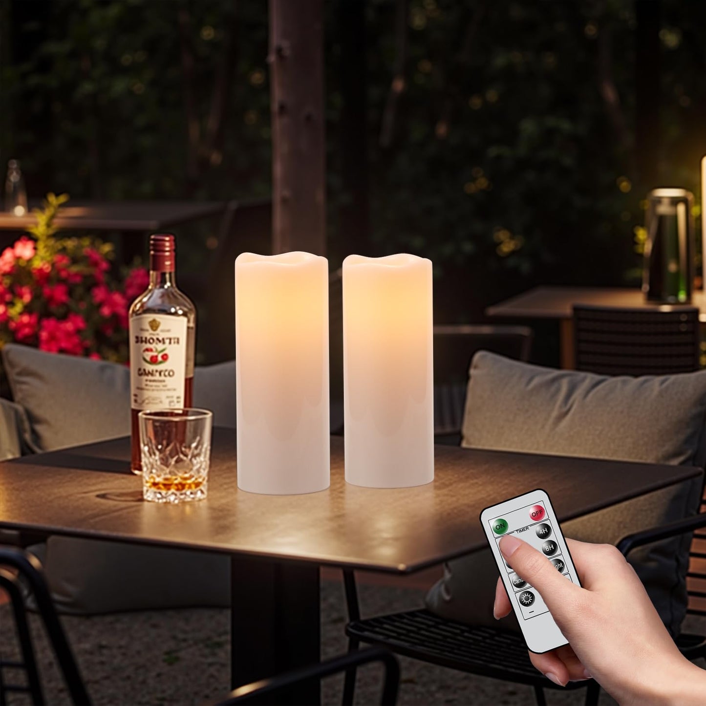 Eldnacele 10"×4" Large Waterproof Outdoor Flameless Candles Remote and Timer, Battery Operated White Plastic LED Flickering Pillar Candles 2 Pack for Dinner Wedding Porch Garden Lanterns Home Decor