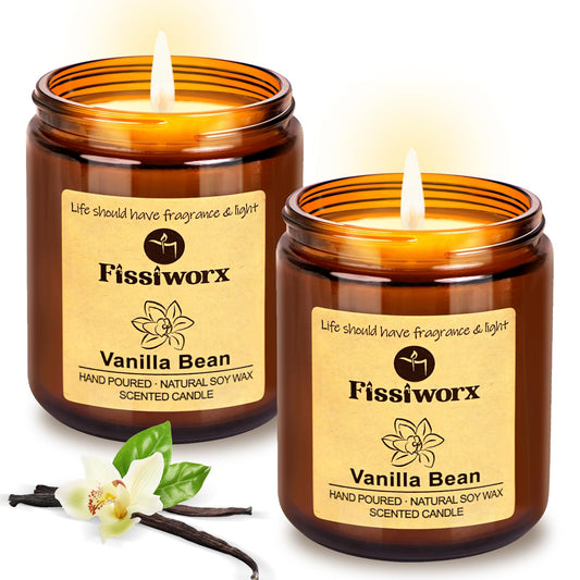 Fissiworx Vanilla Scented Candle Set 2 Pack, Candle for Home Scented, Odor Eliminating, Stress Relief, 15oz, 110 Hours Long Lasting Candles, Soy Candle Gift Set for Women