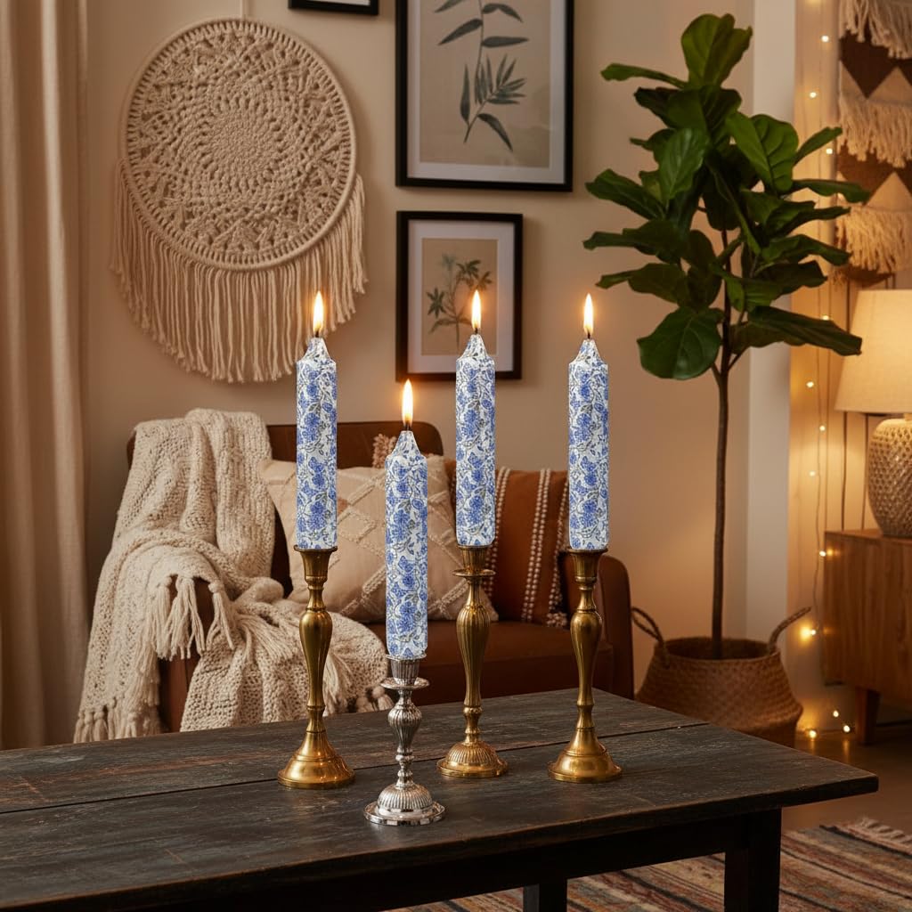 Short Blue and White Taper Candles 7 Inch Handmade Floral Candle Sticks Smokeless Unscented Clean Burning Candles for Meditation Sailing Housewarming Gift Wedding Birthday Home Dinner