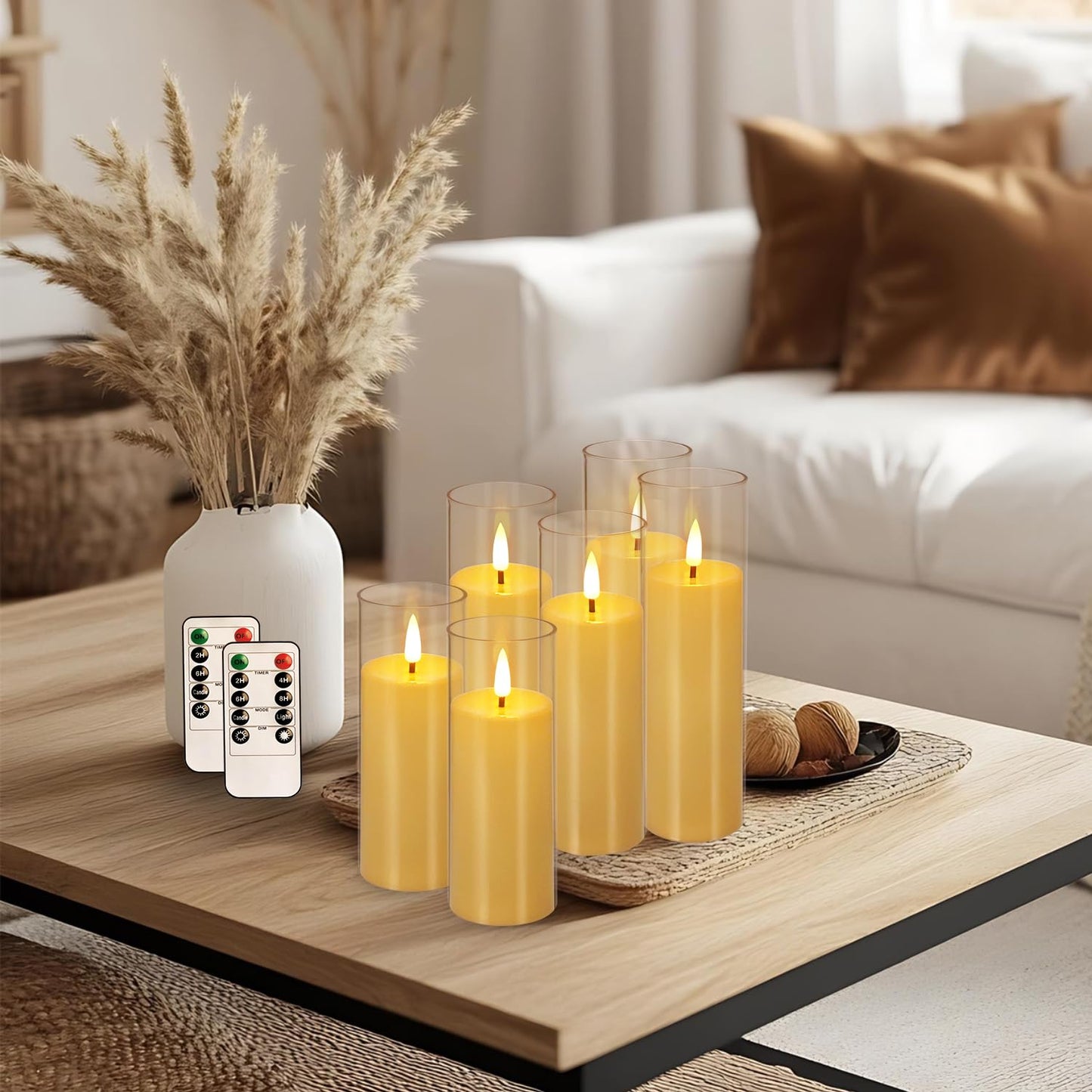 YOROXRG Flickering Flameless Candles Battery Operated with Remote and 2/4/6/8 H Timer Plexiglass LED Pillar Candles with Realistic Moving Wick for Home Decor Pack of 48 (D2.2 xH 5" 6" 7") (Ivory)