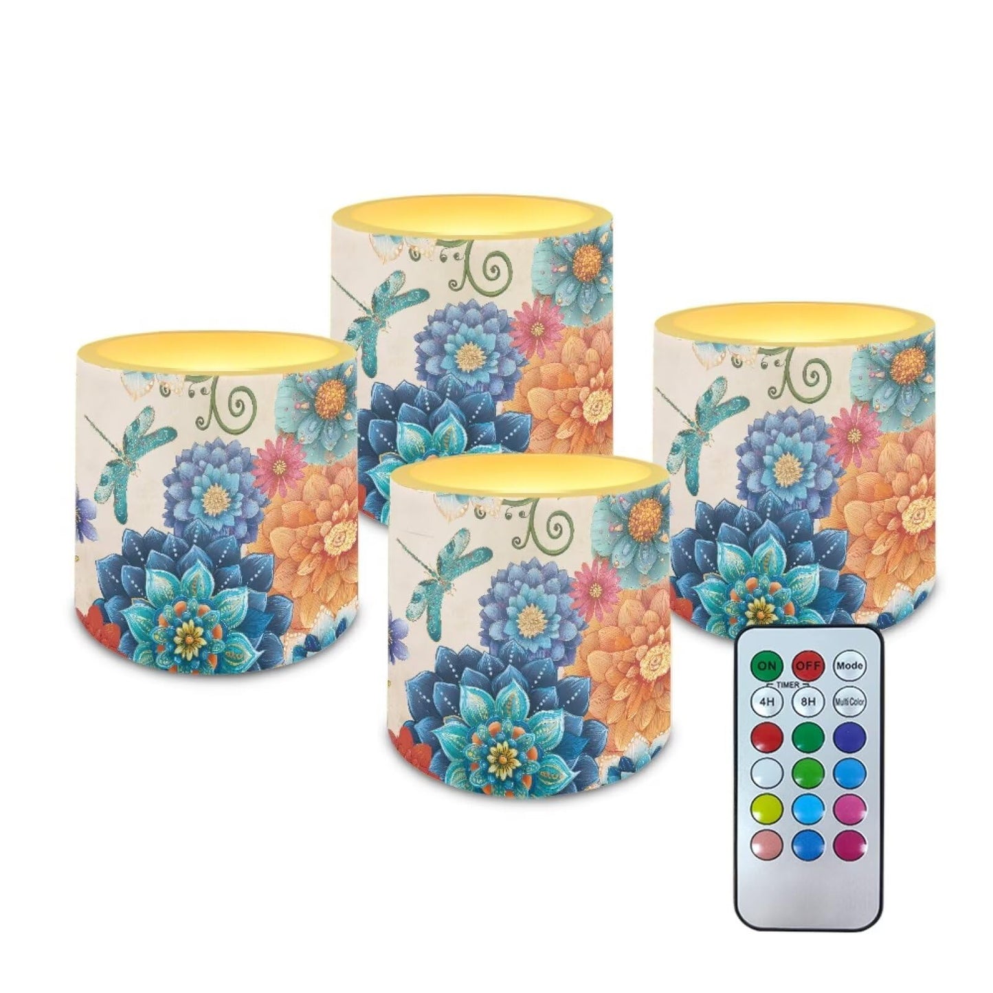 Cozeyat Boho Mandala Floral LED Candles Set of 4 Battery Powered Flameless with Remote Timer Flickering Flame Waterproof for Home Patio Beach Decor