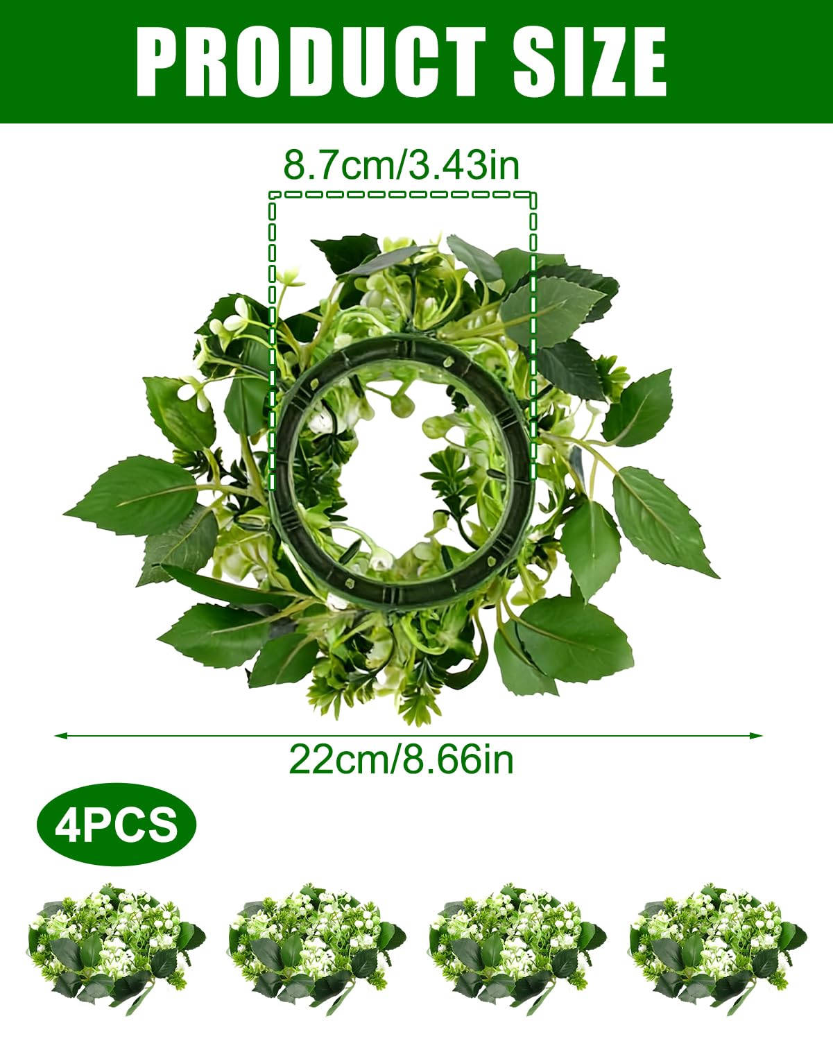 4 Pack Candle Rings Artificial Mini Greenery Wreaths for Candles 3 Inch Center Eucalyptus Floral Wreath for Wedding Centerpieces Party Home Table Window Decor White Green