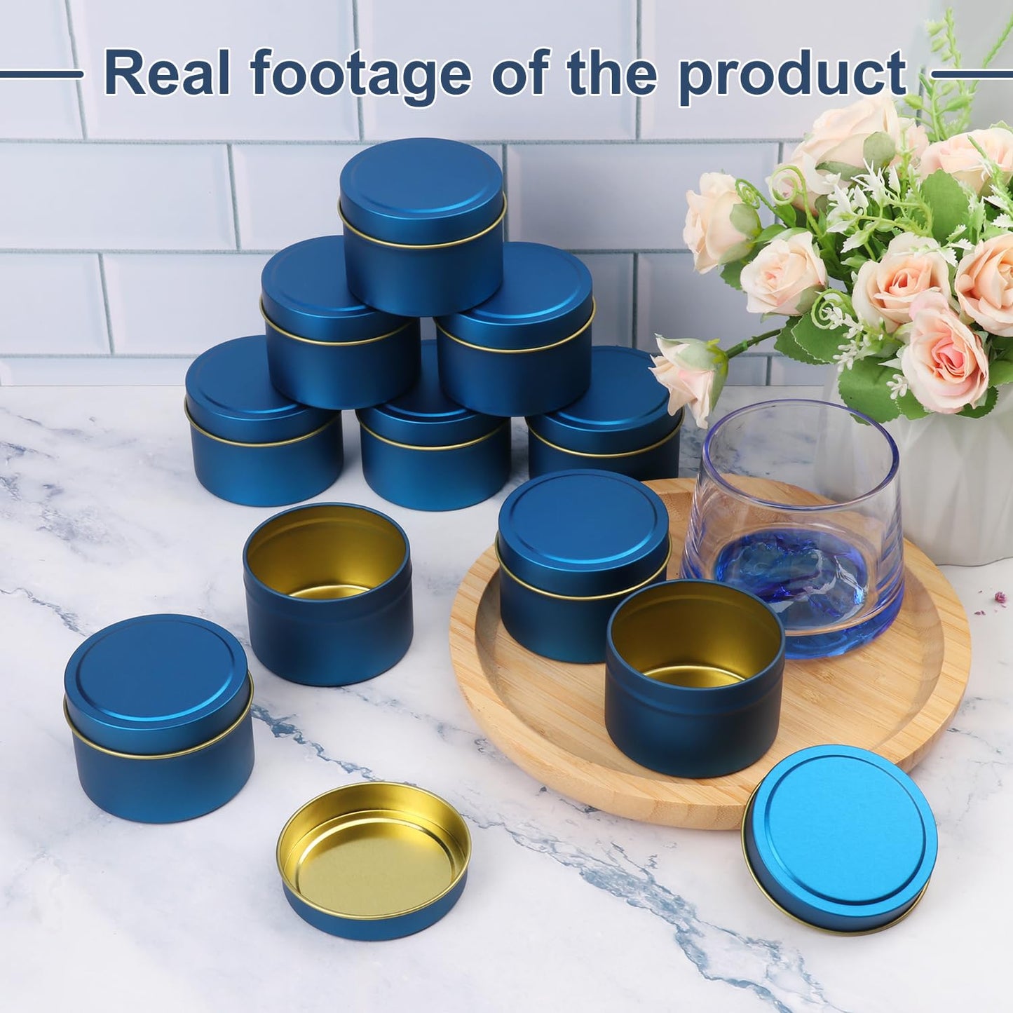 Biugaaufai 48 Pack Blue Metal Candle Tins with Lids, 4 oz Round Bulk Tin Can for DIY Candle Making and Storage