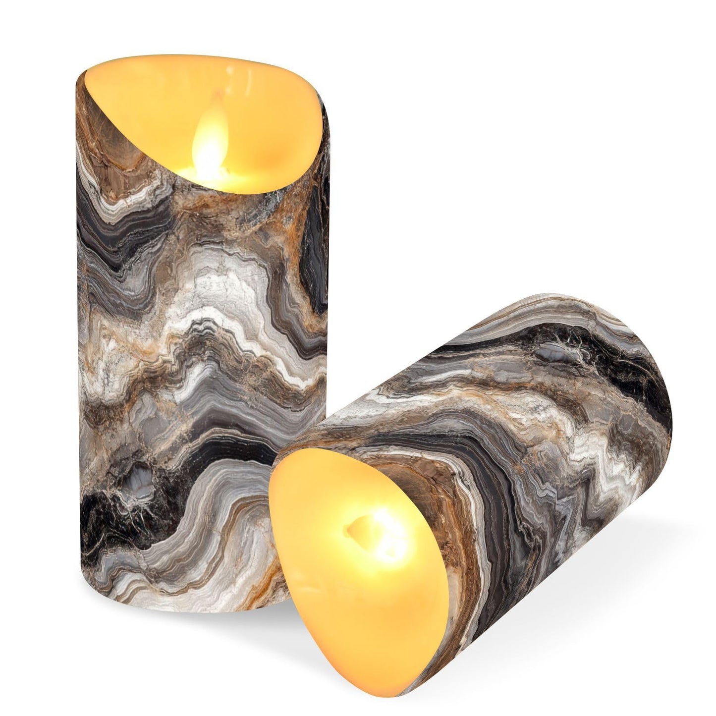 ZRYSMY Abstract Brown Gray Marble Flameless LED Candles with Remote and Timer - 5.9”x3”, 2 Pack, Battery-Operated Flickering Pillar Candles for Home Decor Christmas