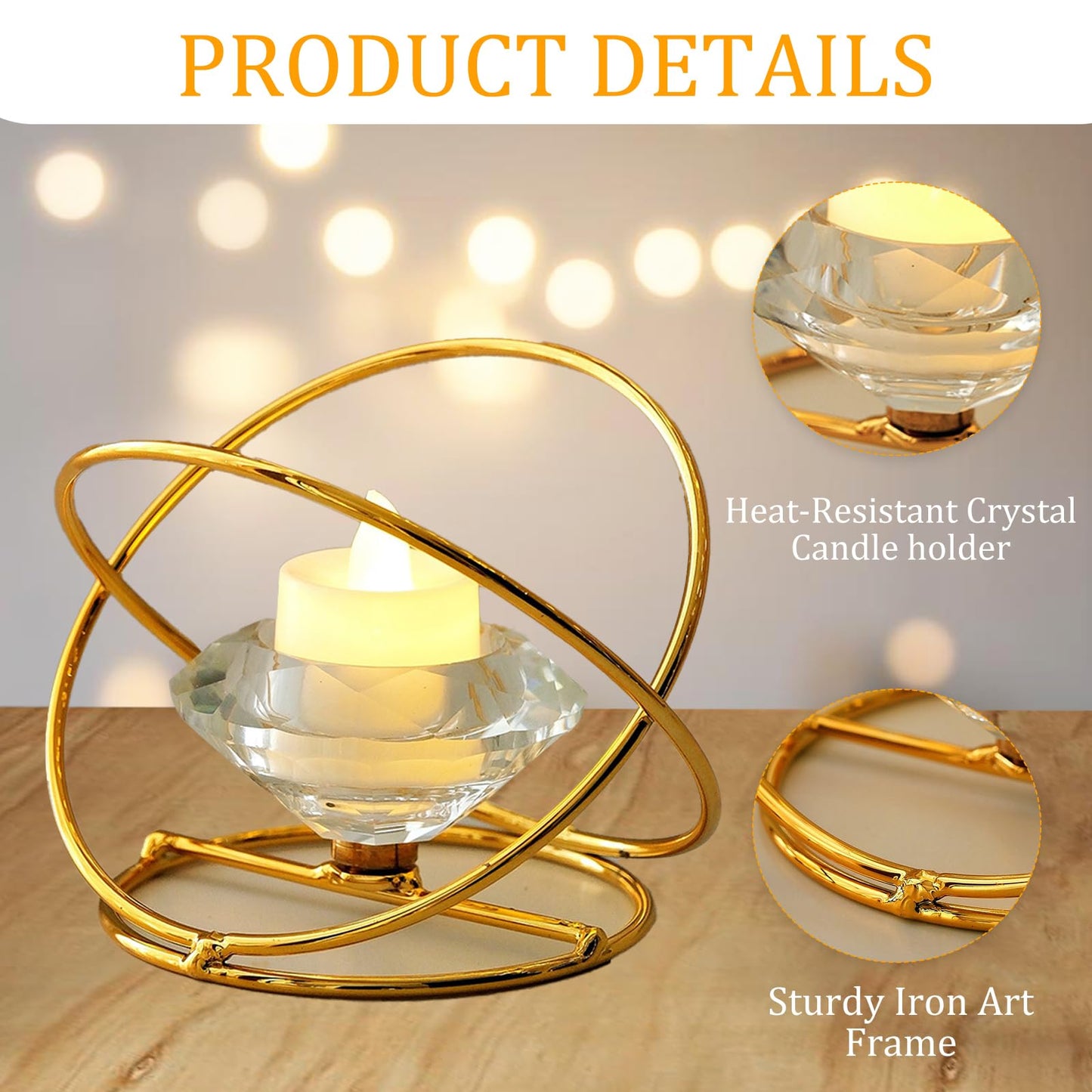 Modern Geometric Candle Holder – Metal & Crystal Design for Taper and Tealight Candles – Tabletop Home Decor (Candle Not Included) (Gold)